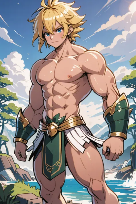 anime style, (full body:1.2), 1boy, man, bishounen, solo, [:outlandish costume design,:0.2] barbarian, chinese, mediumseagreen hair, (muscular:1.2) build, golden hour, blue sky, clouds, scenery, in a Kelp Forest