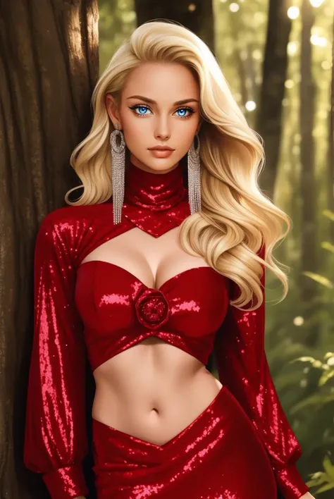 HUD_Rd_Seq, red sequin rosettes, crop top, maxi skirt, bare midriff, navel, cleavage, long sleeves, shoulder cover, shrug, long earrings, <lora:HUD_Rd_Seq-08:0.7>, upper body, woman, blonde hair, looking at viewer, outdoors, forest background, bokeh