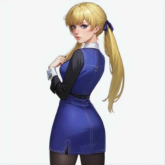 medium shot, solo, <lora:welchVineyardStarOceanSeries:0.9>, welch_vineyard, 1girl, blonde hair, twintails, hair ribbons, pantyhose, long hair, blue eyes, blue dress, black undershirt, standing, from behind, looking back, simple background, highres, Digital...