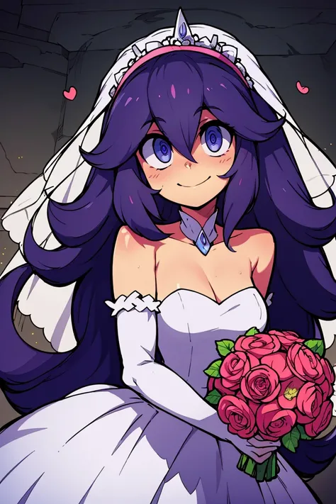 ((masterpiece, best quality)), <lora:Bold_CAT:0.8>,   <lora:Hex_Maniac_Pokemon_v2:0.8>,  hex maniac (pokemon),  smile, looking at viewer, ,   bride, wedding dress, bridal veil, strapless dress, elbow gloves,  holding bouquet,