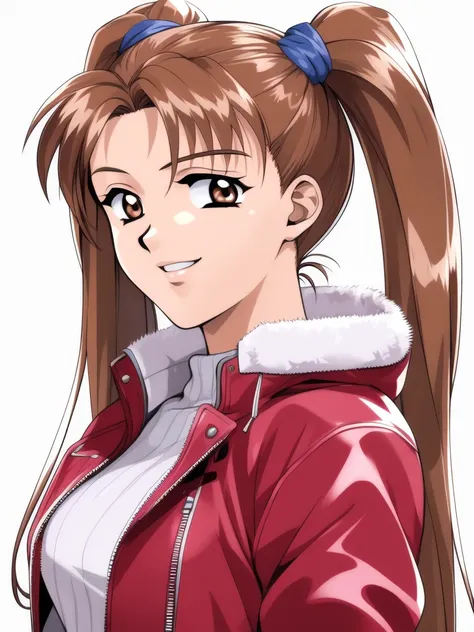 <lora:Kanou_Ryouko:1>, KanouRyouko, 1girl, solo, twintails, brown eyes, long hair,  brown hair, smile, looking at viewer, jacket, fur trim, parted lips, retro artstyle, upper body, white background, coat, long sleeves, game cg, sky,
masterpiece, high quali...