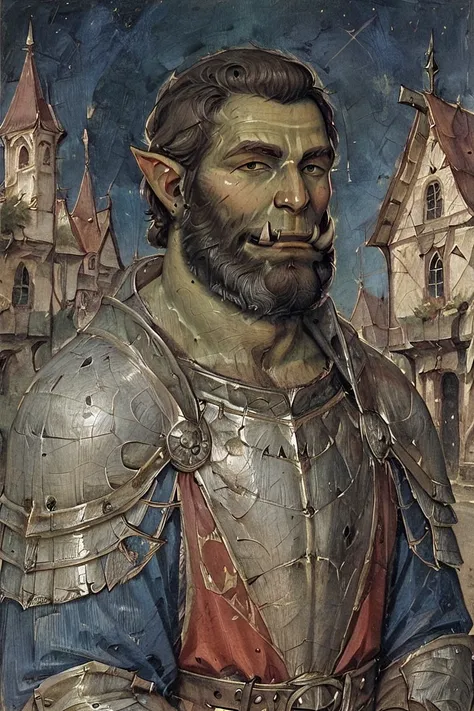 score_9, score_8_up, score_7_up, gothic art, oil painting, traditional media, realistic, solo, male focus, mature male, orc, green skin, tusks, beard, outdoors, armor, looking at viewer, shoulder armor, breastplate, upper body, closed mouth, pauldrons, nig...