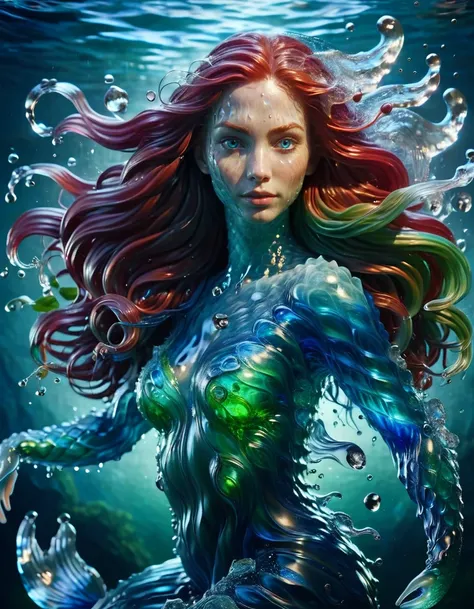 a surreal color portrait of a beautiful mermaid rising out of the sea, red hair, blue eyes, scales, water splashing around her, dramatic lighting, highly detailed, shades of deep blue and green <lora:watce-sdxl-v2:1> watce