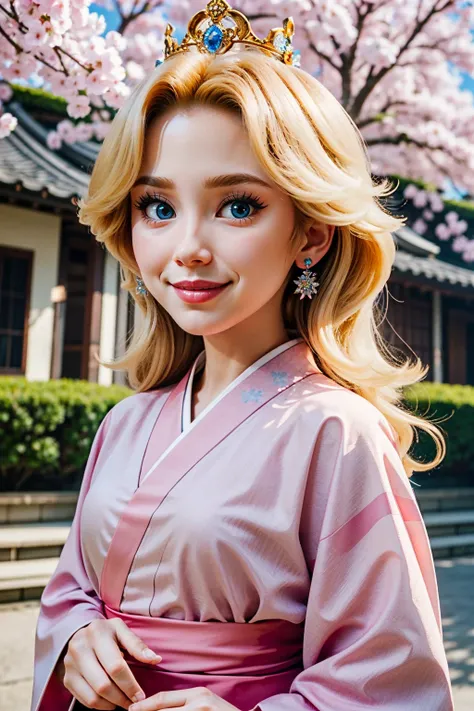 ((ultra detailed, masterpiece, absurdres))
 <lora:MPPeach:0.8>
MPPeach, long hair, blonde hair, blue eyes, pink dress, crown, smile, yukata, japan, cherry blossoms, hair ornament