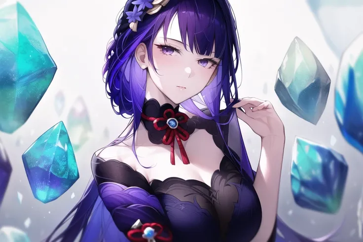 masterpiece, best quality,raiden shogun, genshin impact, purple hair, blue hair,((masterpiece)), best quality,1girl,looking at viewer, crystal,