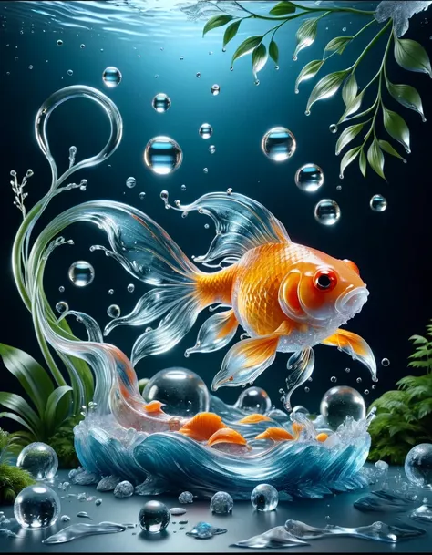 frozen fancy goldfish in ice, bubles, clear water, reed, hyper realistic, ultra quality,large, ornate, spotlighting <lora:watce-sdxl-v2:1> watce