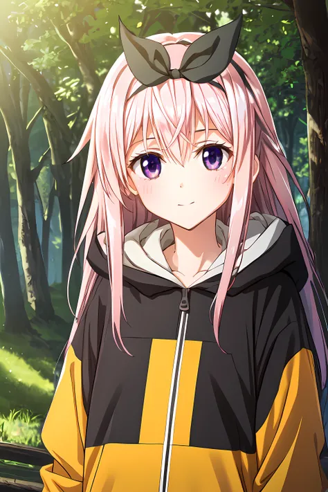 (masterpiece, best quality:1.2), highres, game cg, extremely detailed CG, 4k, 8k, 1girl, solo,
hruriwo_V1, pink hair, long hair, bangs, hair between eyes, purple eyes, black hair bow, black hairband, bow hairband,
BREAK black and orange jacket, hooded jack...