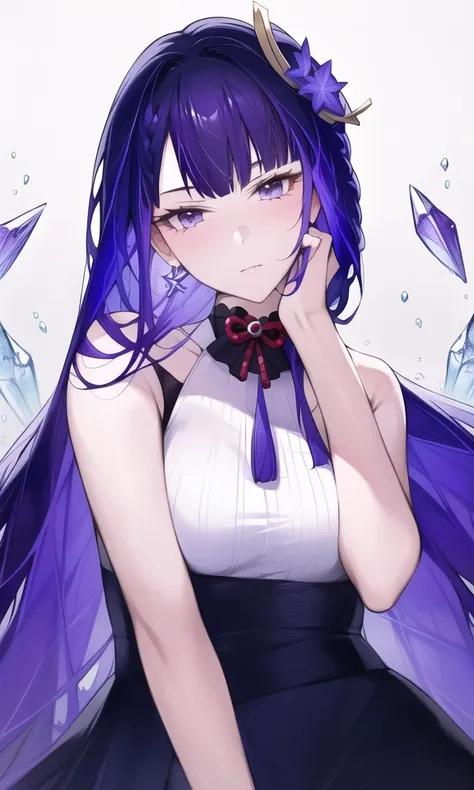 masterpiece, best quality,raiden shogun, genshin impact, purple hair, blue hair,((masterpiece)), best quality,1girl,looking at viewer, crystal,