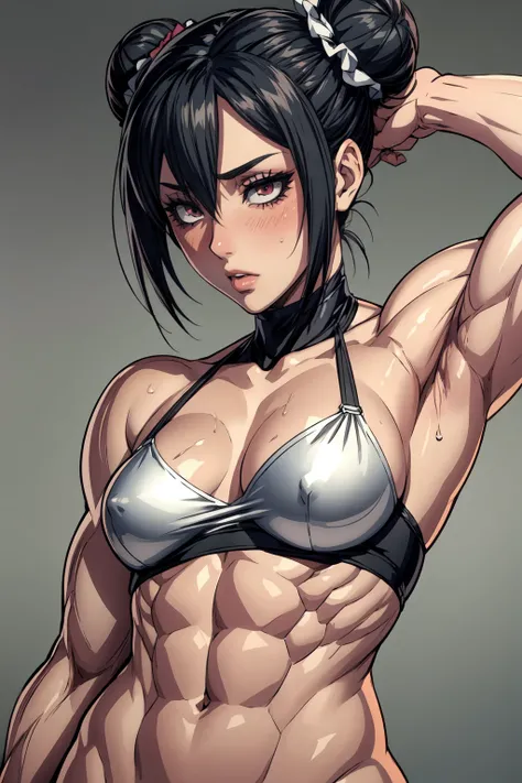 (masterpiece, best quality), 
1girl, muscular, abs, shiny skin, black hair, blush, eyeliner, eyeshadow, eyelashes, bun