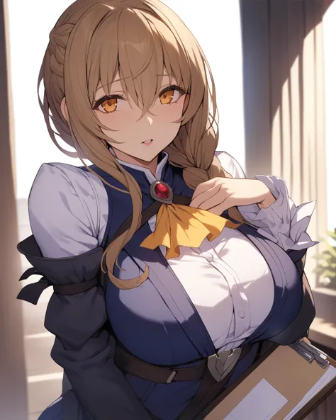 masterpiece,best quality,<lora:guild_girl:0.8>,absurdres, single_braid, orange_ascot, blue_skirt, commentary_request, parted_lips, large_breasts, white_shirt, solo, 1girl, long_sleeves, highres, blue_vest, holding_clipboard, yellow_ribbon, looking_at_viewe...