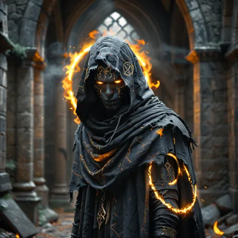 walking through dark medieval ruins,


v-of-u, solo, looking at viewer, 1boy, facial tattoo, occult symbols, male focus, hood, glowing, glowing eyes, hood up, magic circle,
full body,

realistic:1.1, depth of field

32k uhd, 

fog, black smoke,

eerie, hor...