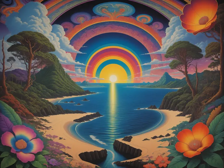 masterpiece <lora:psychedelic-landscape:1>poster, psychedelic coastal-landscape