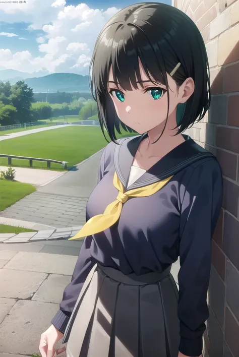 suguhakirigaya, <lora:suguha kirigaya s1-lora-nochekaiser:1>, 
suguha kirigaya, short hair, black hair, hair ornament, hairclip, (green eyes:1.3),
BREAK skirt, school uniform, pantyhose, pleated skirt, serafuku, sweater, grey serafuku, neckerchief, yellow ...