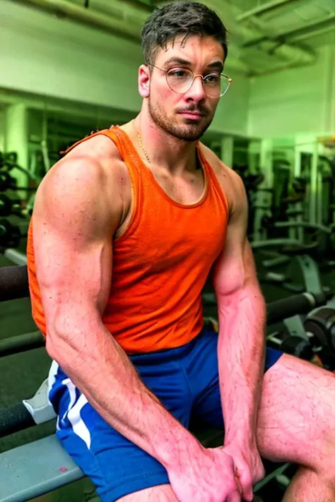 handsome ethanpage, sitting on a gym bench, wearing eyeglasses, looking at viewer, side view, serious face, orange tank top, white shorts, muscular, artistic