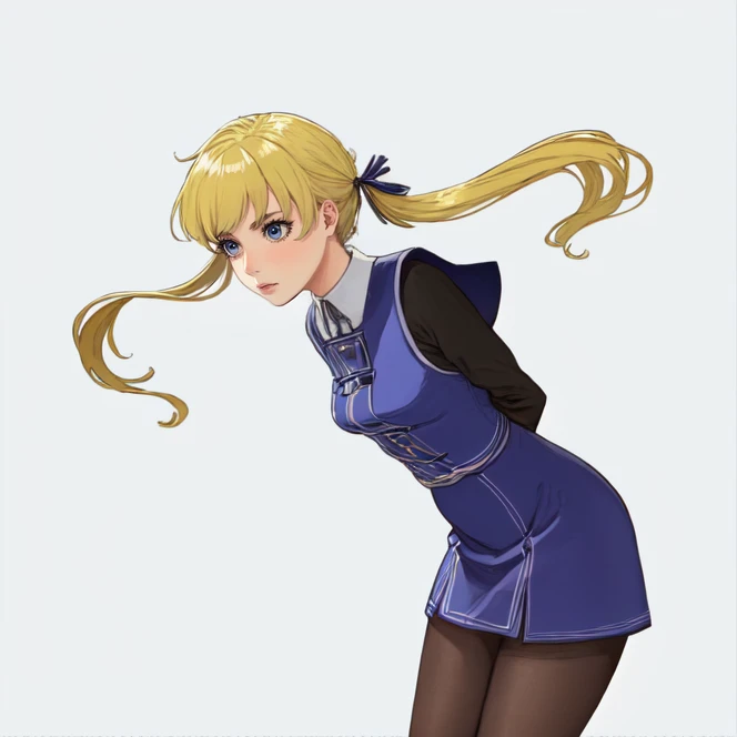 medium shot, solo, <lora:welchVineyardStarOceanSeries:0.9>, welch_vineyard, 1girl, blonde hair, twintails, hair ribbons, pantyhose, long hair, blue eyes, blue dress, black undershirt, standing, from side, side profile, simple background, highres, Digital a...