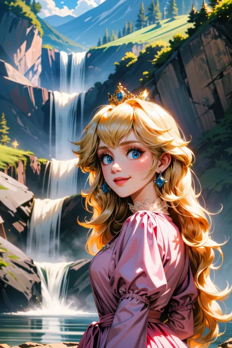 ((ultra detailed, masterpiece, absurdres))
 <lora:MPPeach:0.8>
MPPeach, long hair, blonde hair, blue eyes, pink dress, crown, smile, in front of hidden mountain waterfall, morning, secluded and refreshing with soft morning light on cascading water