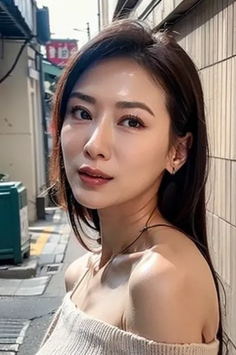 Best quality,masterpiece,ultra high res,(photorealistic:1.2),1girl,deep shadow,low key,(photorealistic:1.2),slim body,undone hair,off shoulder,japanese street alley,dynamic pose,face closeup,<lora:joanne_lien:0.9>,