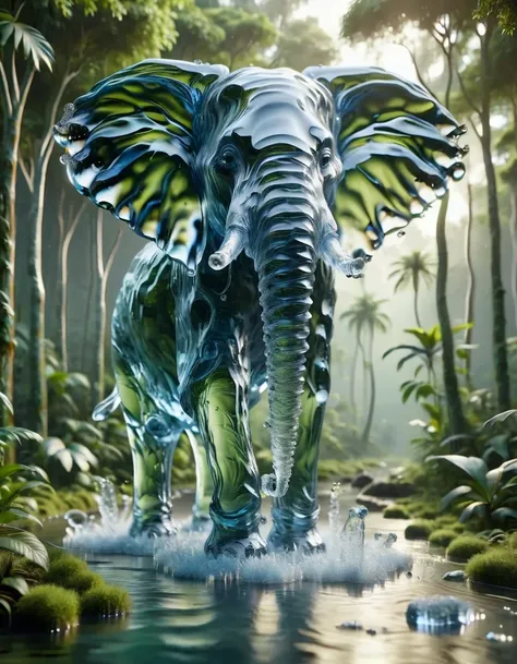 a elephant made out of watce is standing in the water in dense jungle forrest <lora:watce-sdxl-v2:0.8>