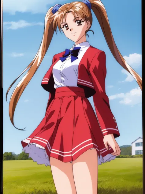 <lora:Kanou_Ryouko:1>,  KanouRyouko, 1girl, solo, skirt, 1990s (style), anime, long hair, twintails, brown hair, long sleeves, pleated skirt, holding, sky, outdoor, looking at viewer, retro artstyle, school uniform, smile, brown eyes, jacket, bow, shirt,
m...