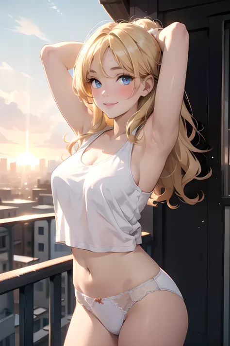 (masterpiece, best quality, highres), 1girl, solo, blonde hair, long hair, curly hair, parted bangs, blue eyes, large breasts, pale skin, long eyelashes, outdoors, balcony, sunrise, cityscape, white tank top, midriff peek, white lace-trimmed panties, cowbo...