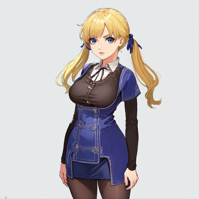 medium shot, solo, <lora:welchVineyardStarOceanSeries:0.9> welch_vineyard, 1girl, blonde hair, twintails, hair ribbons, pantyhose, long hair, breasts, skirt, blue eyes, blue dress, black undershirt, standing, simple background, highres, Digital art, trendi...