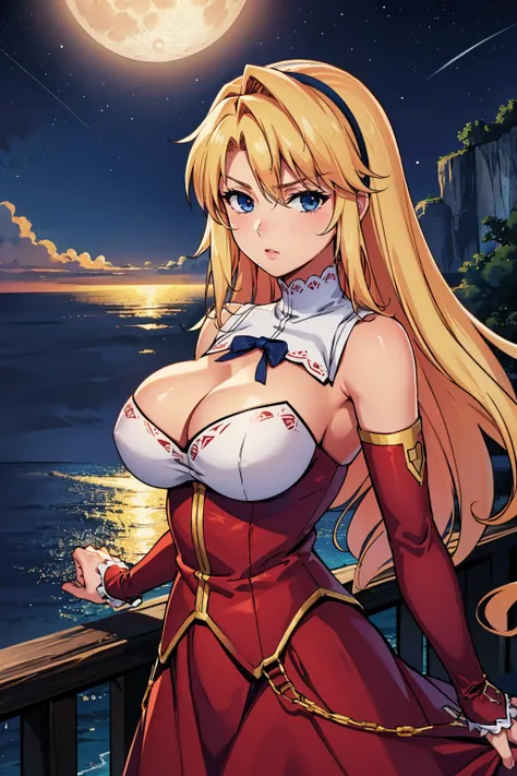 masterpiece, best quality, <lora:satellizer-nvwls-v1-000009:1> satella, hairband, red dress, cleavage, red sleeves, detached sleeves, frills, long dress, (huge breasts:0.8), night sky, moon, cliffs, ocean, looking at viewer, serious