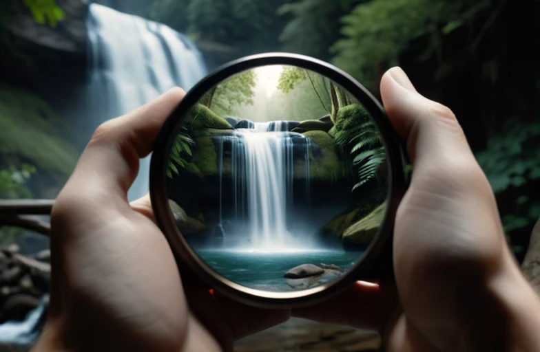 cinematic film still  <lora:slender hands (1):0.8>  <lora:Renaissance_Impressions_Chiaroscuro-000003:0.8>a hand holding a rock in front of a waterfall, anamorphic illustration, by Todd Lockwood, looking into a mirror, one reptilian eye, black and white art...