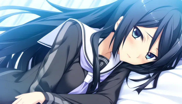 1girl,Himuraki Mizuha,school uniform,gray lines on the sleeves,1girl,close up,looking at viewer, bed sheet, crossed arms,upper body,bed,shiny,animal,shiny hair,very long hair,on sidesmile,lying,masterpiece,best quality,game cg,blush,(detailed beautiful ey...