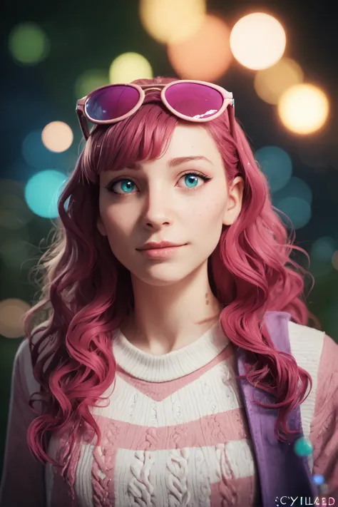 realistic photo portrait of a beautiful girl with long wavy hair, bangs, at a carnival at night, wearing a sweater and pink sunglasses, cyan and magenta colors, (depth of field, bokeh:1.2) (score_9, score_8_up, score_7_up, 4k)