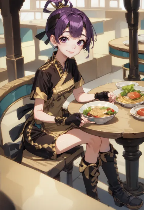 anime screencap, 1girl, solo, purple hair, purple eyes, topknot, black gold outfit, short sleeves, fingerless gloves, boots, sitting, table, chinese restaurant, smile, ramen,  <lora:Miakis XL:1>, score_9, score_8_up, score_7_up, score_6_up, score_5_up, sco...