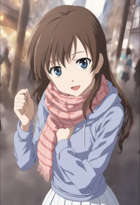 1girl, <lora:hiromiXLv1:0.7>,yuasa hiromi,true tears,brown hair, blue eyes,long hair,
solo, scarf, white skirt, long sleeves, plaid scarf, hoodie,
dutch angle, upper body, looking ahead, happy, Madrid city, open mouth,
medium quality,