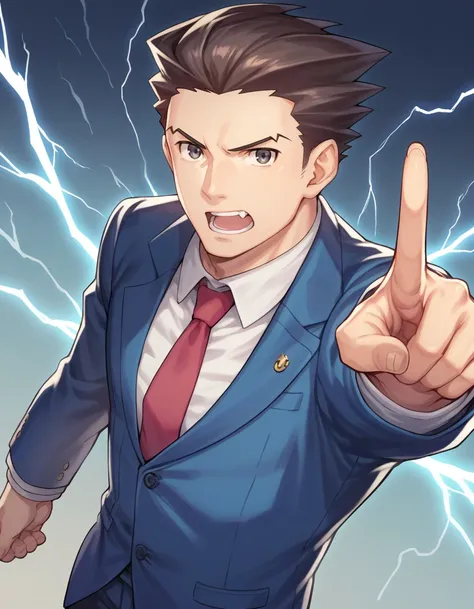 sscore_9, score_8_up, score_7_up, source_anime, phoenix wright, 1boy, solo, serious, male focus, formal, suit, cowboy shot, open mouth, upper teeth only, blue jacket, white shirt, red necktie, collared shirt, standing, pointing at viewer, (pointing:1.3), l...