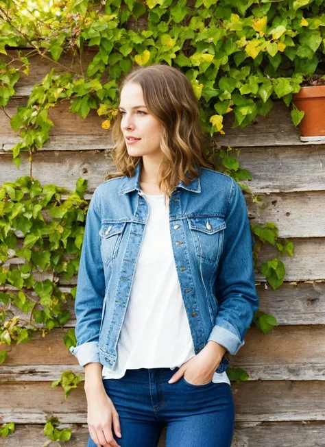 photo of sks woman, natural lighting, by William Eggleston, Denim jacket and leggings <lora:locon_bridgetmendler_v1_from_v1_64_32:1>