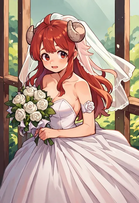 score_9, score_8_up, score_7_up, score_6_up, <lora:epoch-000002:1>, shamiko, curled_horns, bridal_veil, wedding_dress, bouquet,