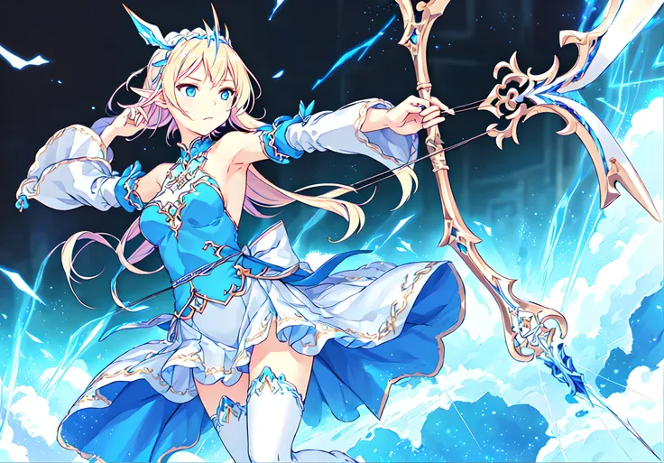 <lora:Tisse:0.8>,Tisse,1girl,super fine illustration,masterpiece,best quality,bare shoulders,blue shirt,detached sleeves,white pleated skirt,miniskirt,white thighhighs,bow_(weapon),shoot an arrow,grove,special skill,gradient_sky,aura,electric effects,a rug...