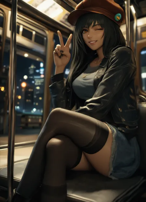 masterpiece, best quality, kyrie canaan, cabbie hat, thighhighs, looking at viewer, brown eyes, black hair, night, streetcar, v, smile, one eye closed, crossed legs, <lora:za_ff7_kyrie canaan_a3:0.6>