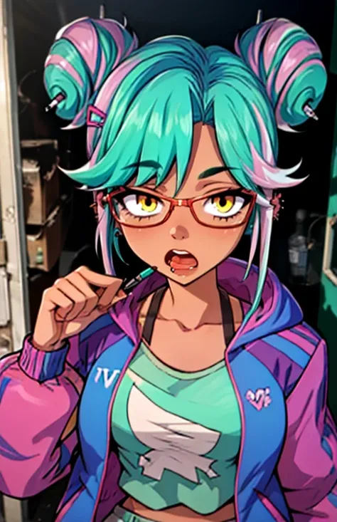 best quality, (masterpiece),(ultra-detailed), (high quality), (high resolution), <lora:FuelVT:0.7>,1girl, aqua hair, breasts, can, collarbone, dark skin, double bun, earrings, fang, fuelvt, glasses, green hair, hair bun, hair ornament, hairclip, hood, jack...