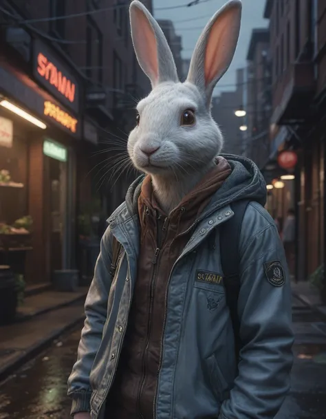 a portrait of a white rabbit in a painting from stalenhag, 4 k, 8 k, hdr, artstation, concept art, bioluminescent alley, glowing organic organisms, bio-luminescent street art, natural cybernetics, <lora:photorealistic_portrait_notrigger:0.8>