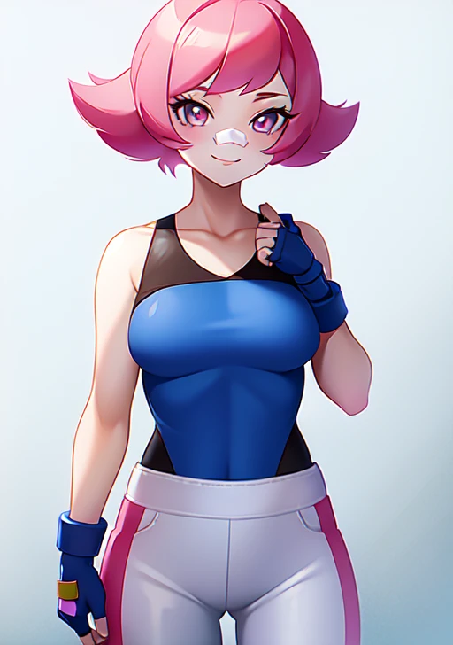 <lora:Maylene:0.6>, maylene, 1girl, solo, breasts, smile, short hair, bangs, gloves, closed mouth, collarbone, pink hair, pants, hand up, fingerless gloves, pink eyes, eyelashes, clenched hand, bandaid, outline, white pants, bandaid on face, blue gloves, b...