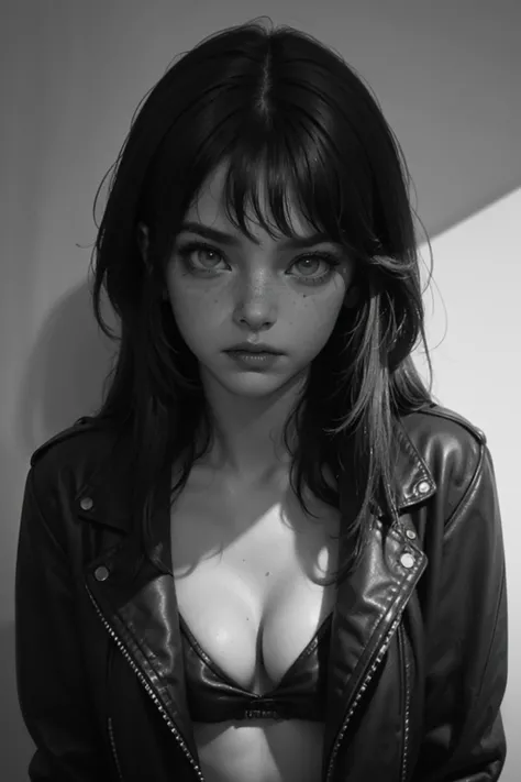 (hidden hands), black and white photo, super cute woman eliselastnamesd15, leather jacket, cleavage, freckles, messy hair, bangs, beautiful eyes, lustful look, low-key lighting, dramatic shadows and subtle highlights, shot by jiri ruzek, rule of thirds, vi...