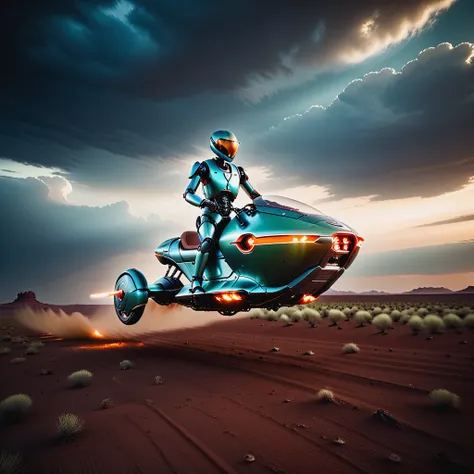 cinematic realism film scene still of a (cloudy sky, night,:1.5) green orange bronze  chrome  (hoverbike),  style.racing, latex, ceiling, dust, non-humanoid robot, looking to the side,  mars desert,  robot joints, biker clothes,  dark background, fisheye, ...