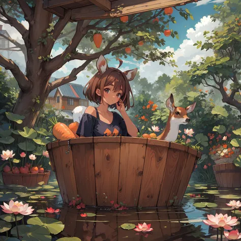 very wide shot, a girl with a deer sitting in a Wooden bucket partially submerged in the lake, 1girl,partially submerged,upper body,brown shirt,bare shoulder,t-shirt,short_sleeves,brown hair hair,deer ears,black eyes,floating hair,very long hair,collarbone...