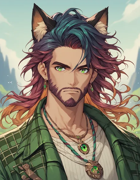 score_9, score_8_up, score_7_up, score_6_up, score_5_up, score_4_up, 1boy, mature, long face, oval shaped face, animal ears, beard, cat ear, animal ears, facial hair, green eyes, green leather jacket, white shirt, scottish plaid kilt, auburn hair, ombre ha...