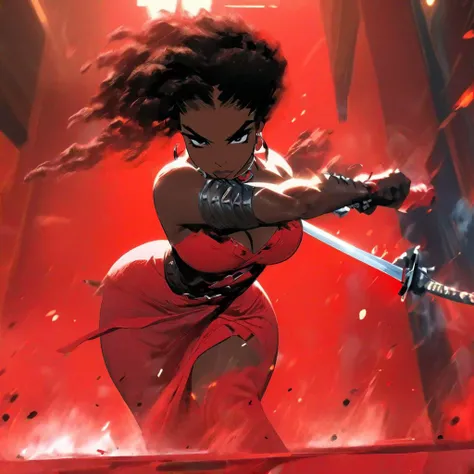 action shot, black woman in bar, holding sword, red dress displaying shapely big ass