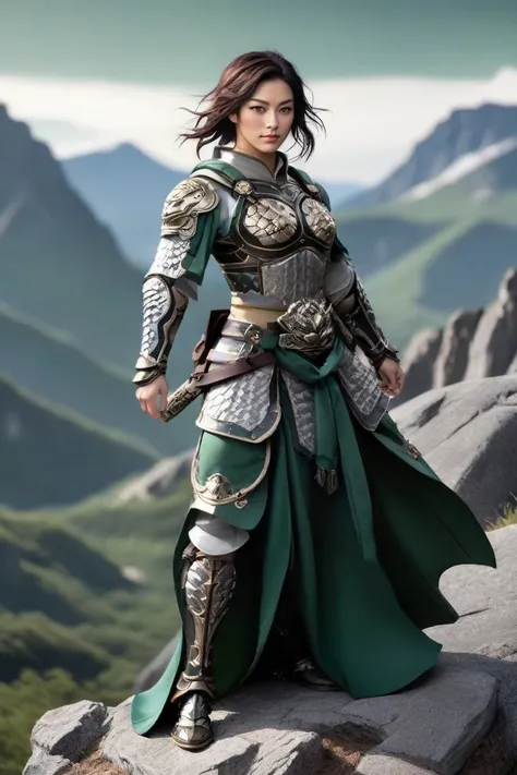 hxarmour,1 woman,(dark green armour:1.1),mountain,<lora:HXarmour_003AXL:0.6>,captivating pose,