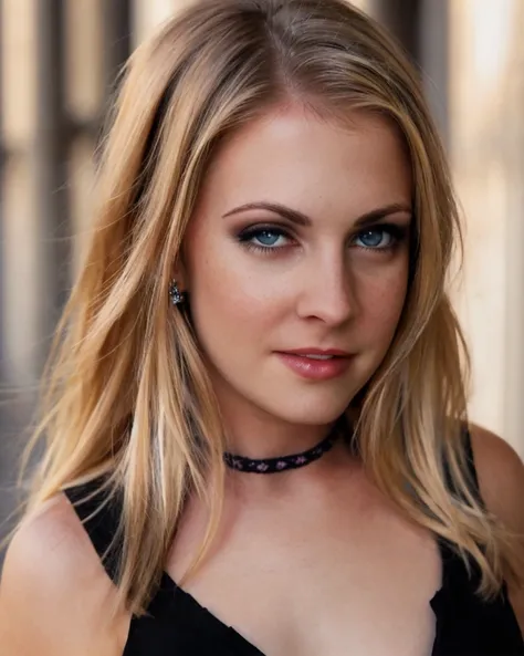 a picture of s4brina, blonde, realistic, photorealistic, detailed skin, surface scattering, bokeh, skin pores,  city streets,wearing a (black dress:1.2), blue eyes,outdoors, <lora:s4brina2:1>