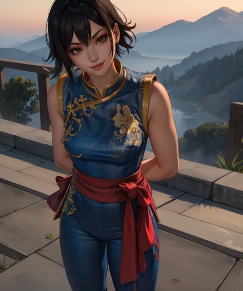 paivf,brown eyes,black hair,short hair,
standing,light smile,arms behind back,
blue Chinese clothes,sleevless,red sash, pants, 
dusk,
(insanely detailed, masterpiece, best quality),solo,<lora:Pai:0.8>,