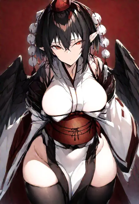 masterpiece, best quality, ultra-detailed, beautiful, nai3, 
shameimaru aya, 1girl, black thighhighs, black wings, groin, hat, kourindou tengu costume, pointy ears, pom pom (clothes), red eyes, short hair, solo, thighhighs, tokin hat, wings, bird wings, br...