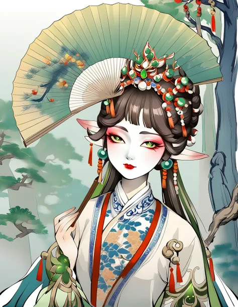 <lora:animechinesestyleXL-Copy1:1>,animechinesestyle,1girl,nahida (genshin impact),Beijing opera,cowboy_shot,(take a fan:1.5),crooked head,Dreamy forest,