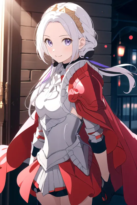 (masterpiece:1.2), best quality, high resolution, unity 8k wallpaper, (illustration), extremely detailed face, perfect lighting, extremely detailed CG, 1girl, solo, <lora:Edelgard:0.8>, purple eyes, white hair, long hair, hair ornament, ribbon, red cape, b...